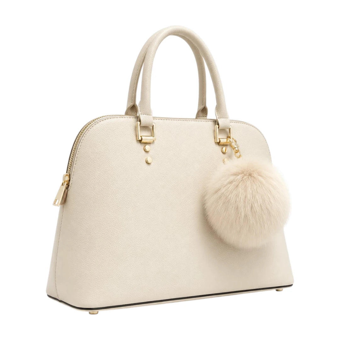 The Bag Edits Ivory Satchel Handbag with Pom-Pom Charm