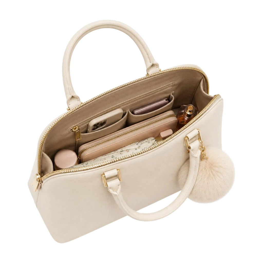 The Bag Edits Ivory Satchel Handbag with Pom-Pom Charm