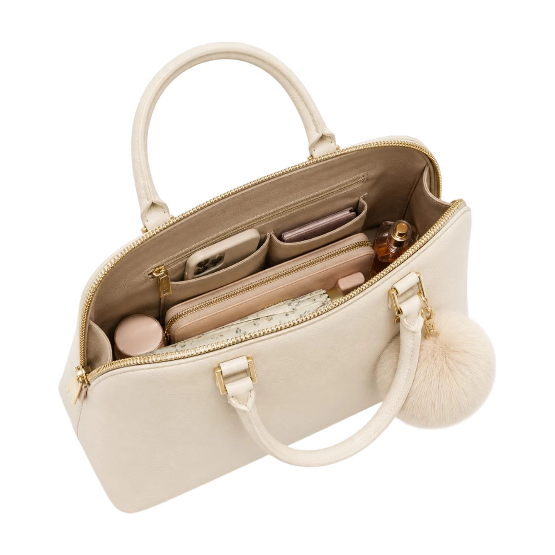 The Bag Edits Ivory Satchel Handbag with Pom-Pom Charm