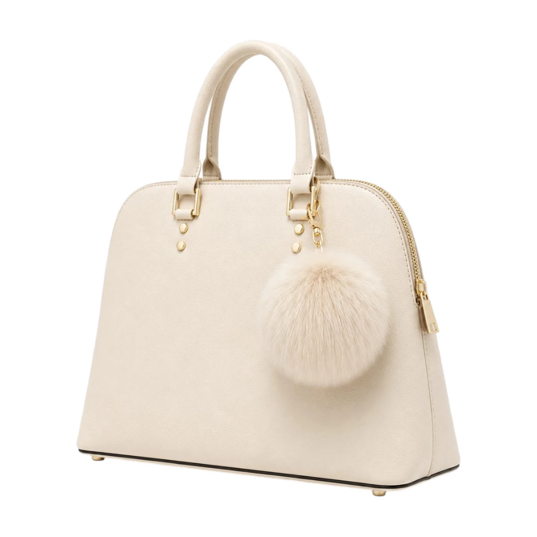 The Bag Edits Ivory Satchel Handbag with Pom-Pom Charm