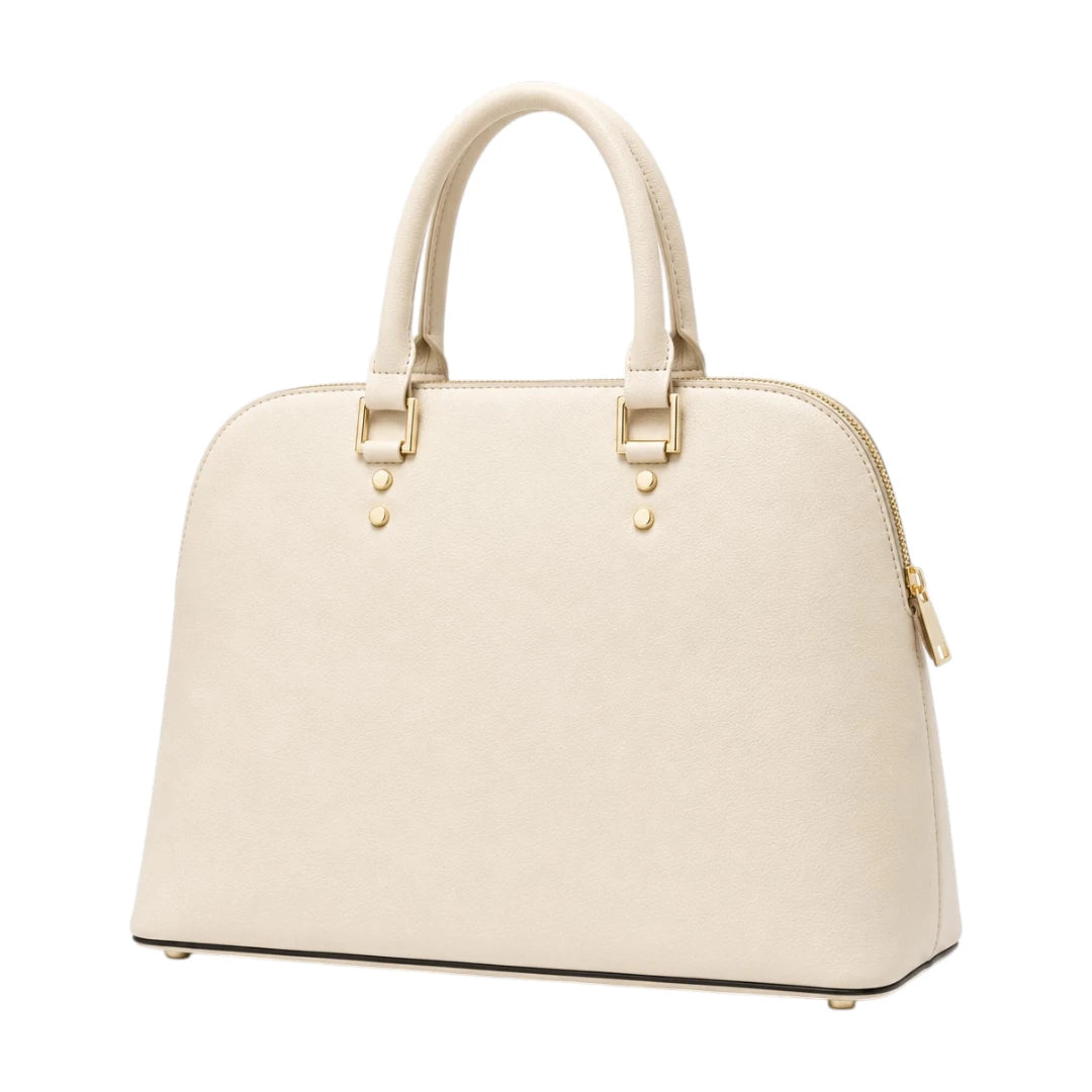 The Bag Edits Ivory Satchel Handbag with Pom-Pom Charm