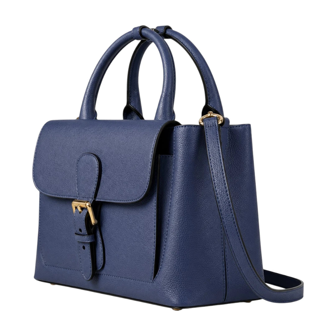 The Bag Edits Navy Satchel Handbag with Buckle Detail and Shoulder Strap